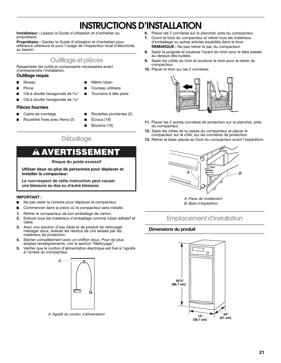 Instructions d’installation, Avertissement, Outillage et pièces | Déballage, Emplacement d’installation | Gladiator GACP15XXMG Garage Compactor User Manual | Page 21 / 28