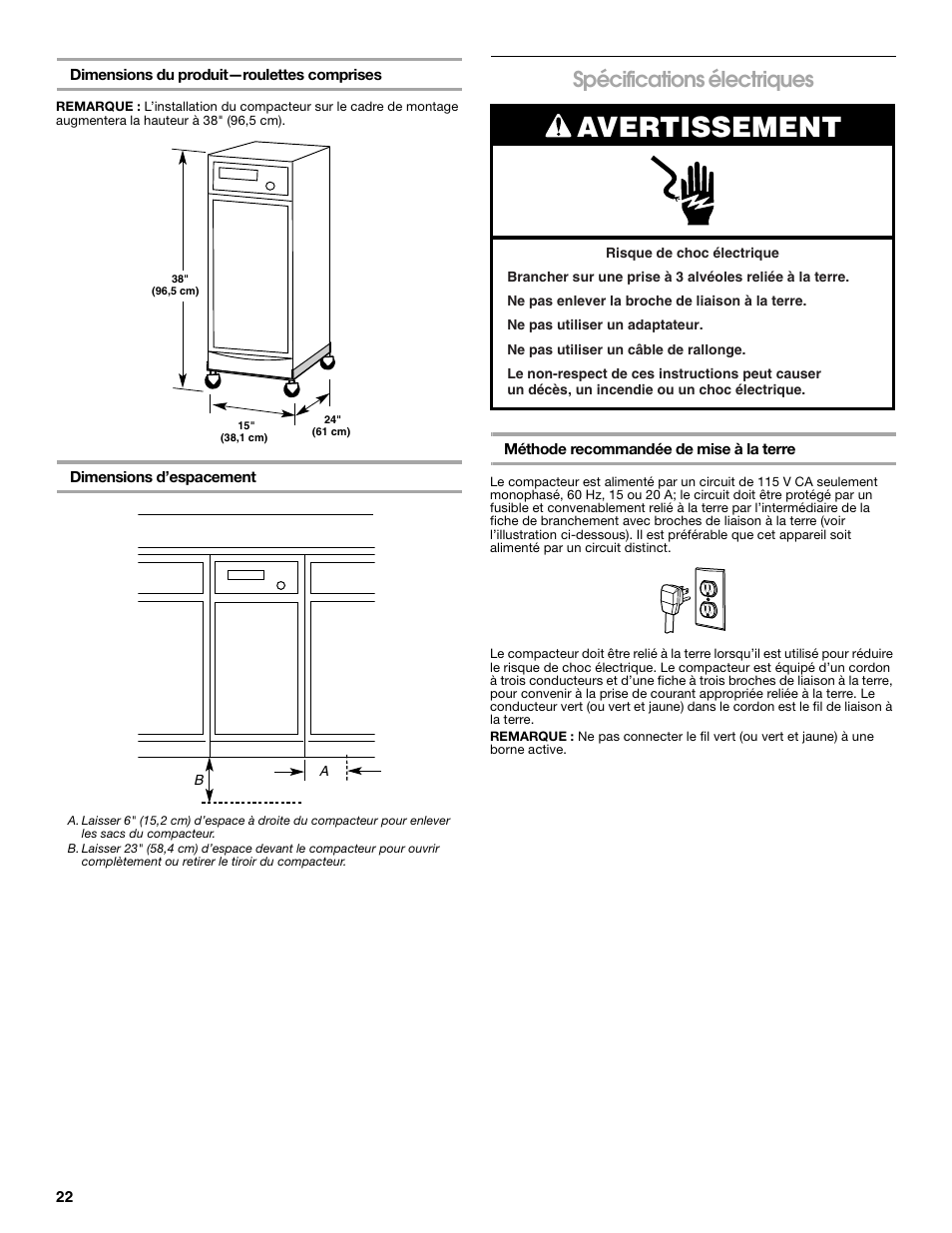 Avertissement, Spécifications électriques | Gladiator GACP15XXMG Garage Compactor User Manual | Page 22 / 28