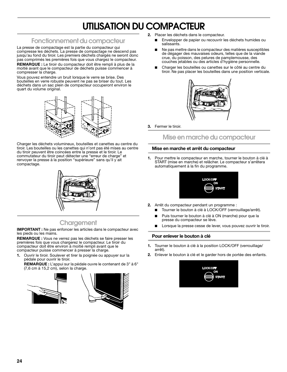Utilisation du compacteur, Fonctionnement du compacteur, Chargement | Mise en marche du compacteur | Gladiator GACP15XXMG Garage Compactor User Manual | Page 24 / 28