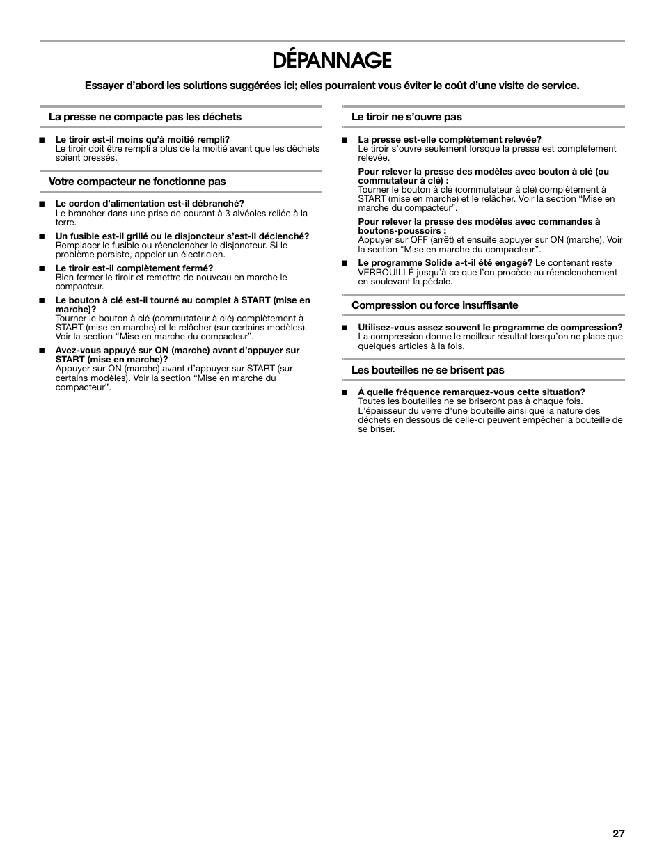 Dépannage | Gladiator GACP15XXMG Garage Compactor User Manual | Page 27 / 28