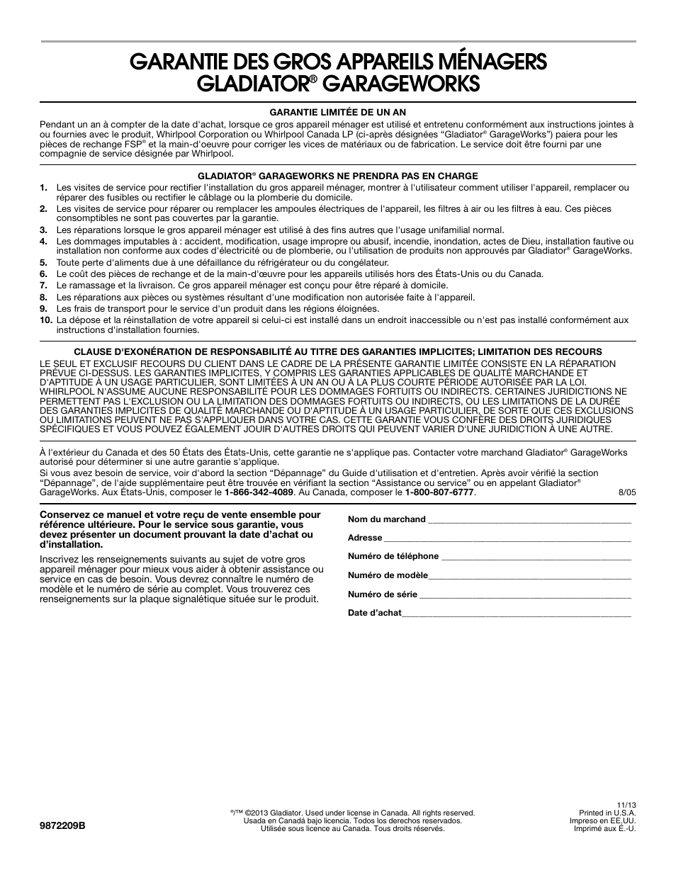 Garantie des gros appareils ménagers gladiator, Garageworks | Gladiator GACP15XXMG Garage Compactor User Manual | Page 28 / 28