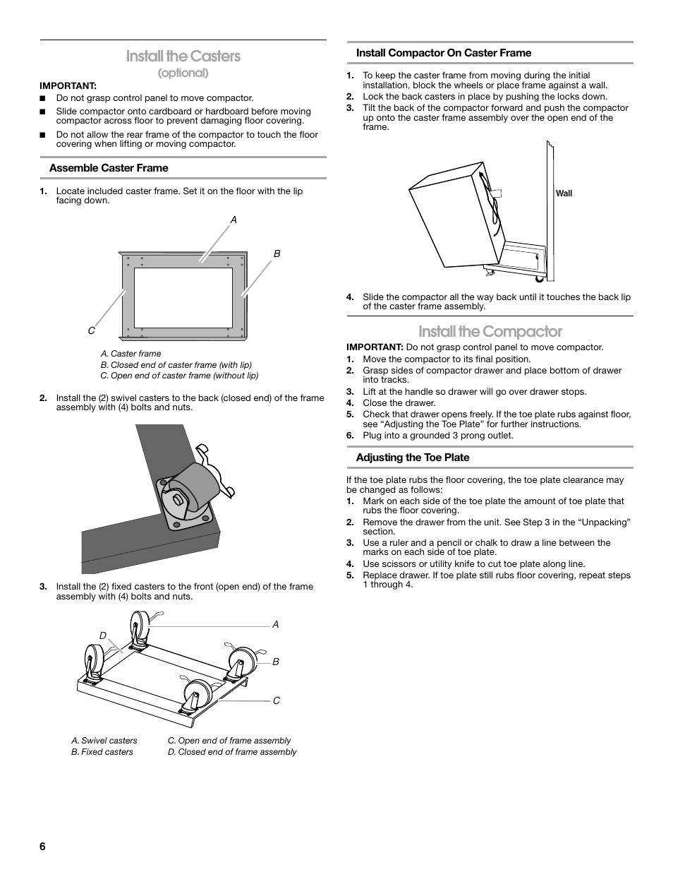 Install the casters, Install the compactor, Optional) | Gladiator GACP15XXMG Garage Compactor User Manual | Page 6 / 28