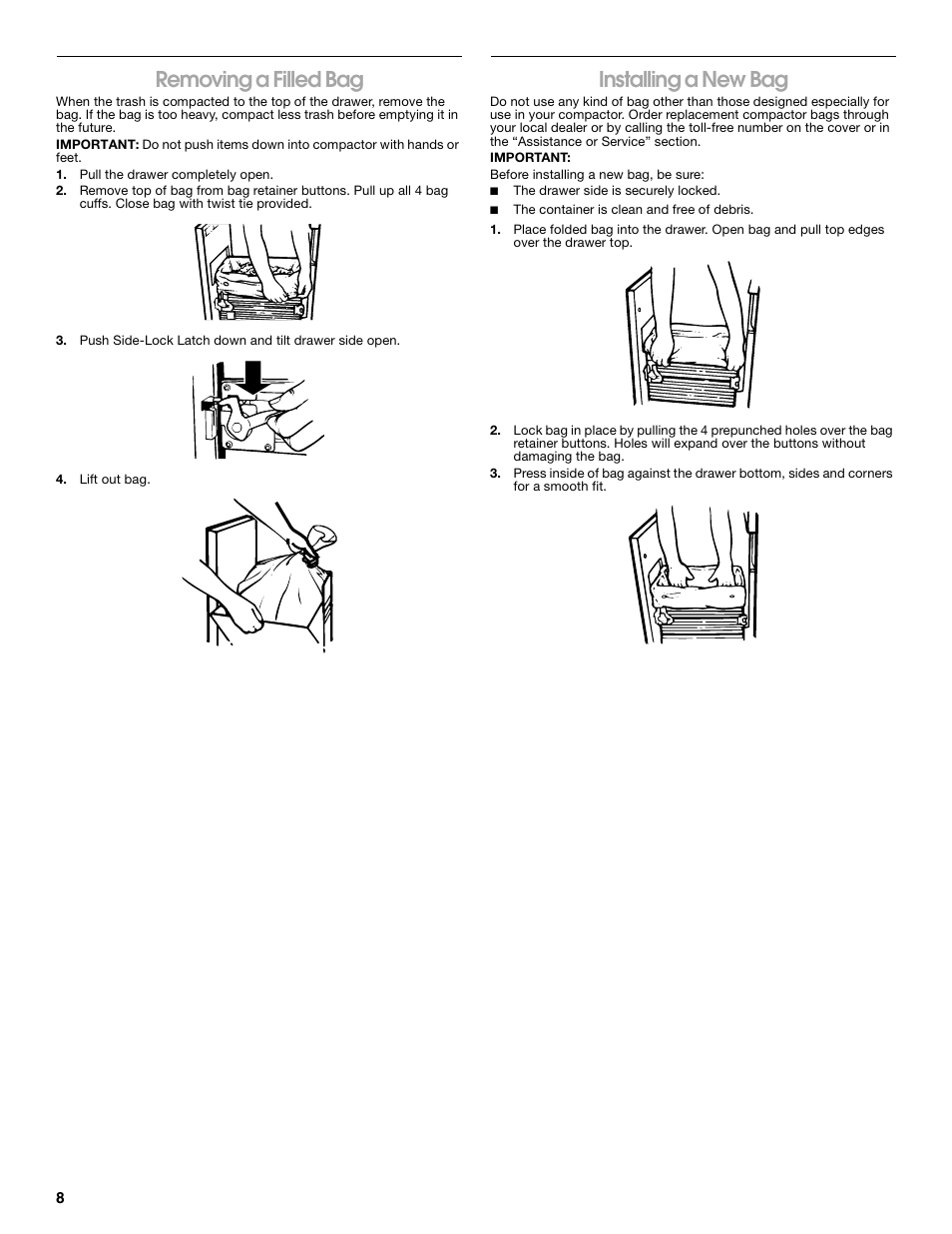 Removing a filled bag, Installing a new bag | Gladiator GACP15XXMG Garage Compactor User Manual | Page 8 / 28