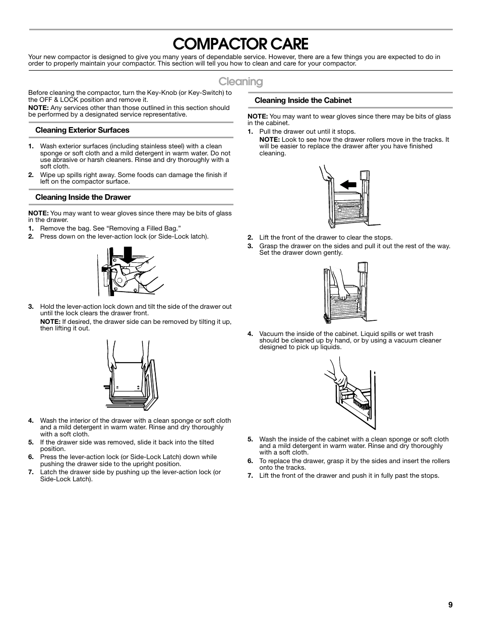 Compactor care, Cleaning | Gladiator GACP15XXMG Garage Compactor User Manual | Page 9 / 28