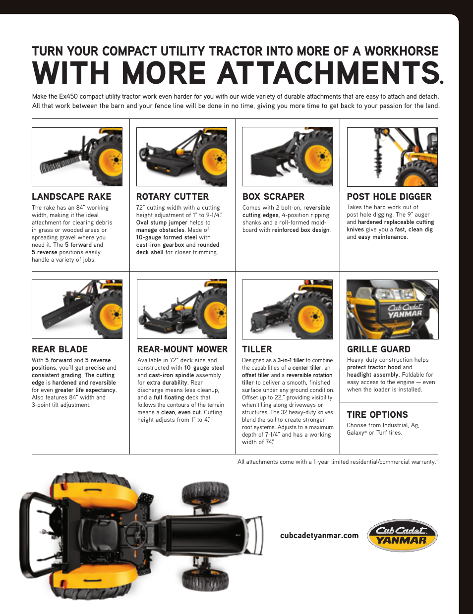 With more attachments, Rotary cutter, Landscape rake | Box scraper, Grille guard, Rear-mount mower, Rear blade, Post hole digger, Tiller, Tire options | Cub Cadet EX450 User Manual | Page 3 / 4