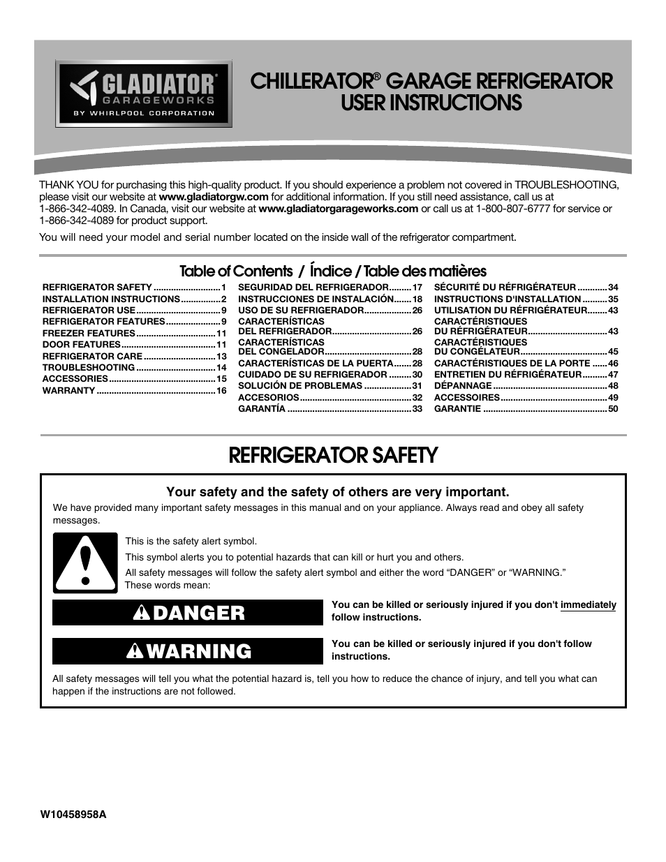 Gladiator GARF19XXYK Gladiator Chillerator Garage Refrigerator Use and Care User Manual | 50 pages