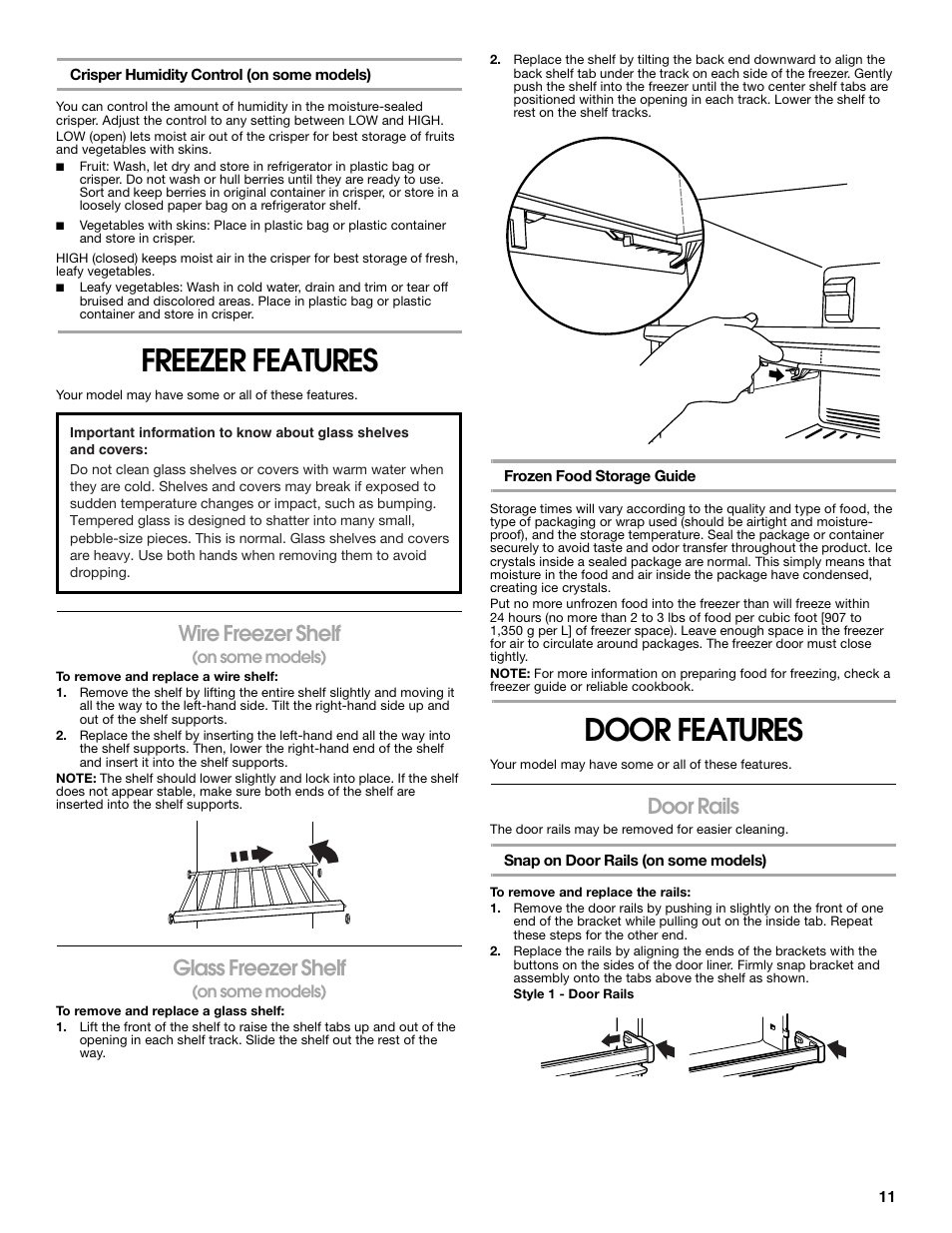 Freezer features, Door features, Wire freezer shelf | Glass freezer shelf, Door rails | Gladiator GARF19XXYK Gladiator Chillerator Garage Refrigerator Use and Care User Manual | Page 11 / 50