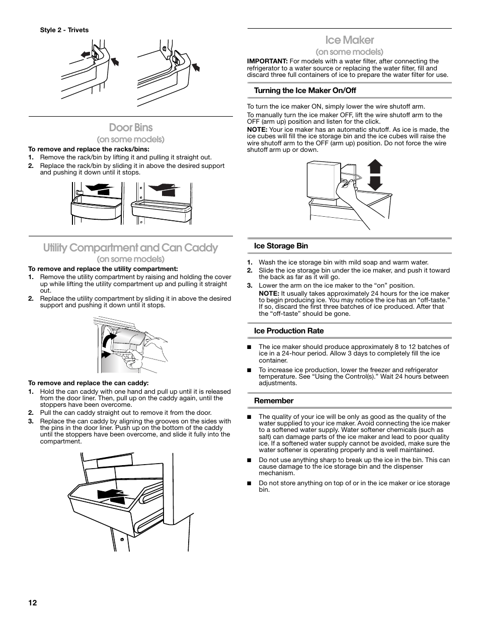 Door bins, Utility compartment and can caddy, Ice maker | Gladiator GARF19XXYK Gladiator Chillerator Garage Refrigerator Use and Care User Manual | Page 12 / 50