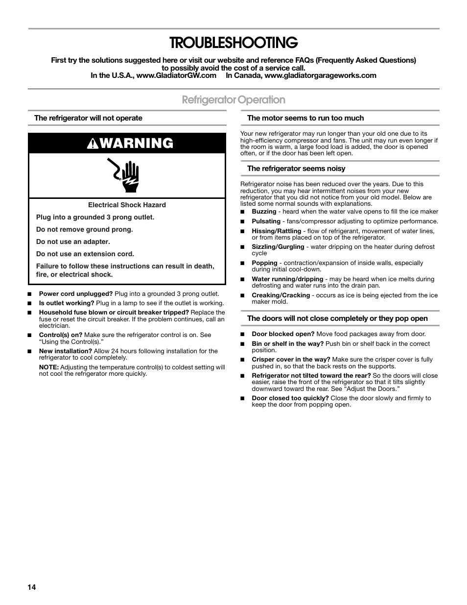Troubleshooting, Warning, Refrigerator operation | Gladiator GARF19XXYK Gladiator Chillerator Garage Refrigerator Use and Care User Manual | Page 14 / 50