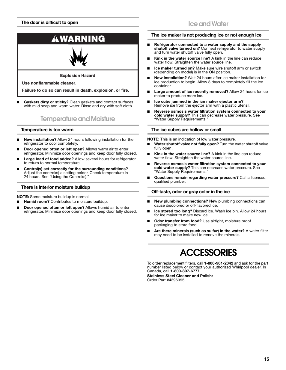 Accessories, Warning, Temperature and moisture | Ice and water | Gladiator GARF19XXYK Gladiator Chillerator Garage Refrigerator Use and Care User Manual | Page 15 / 50