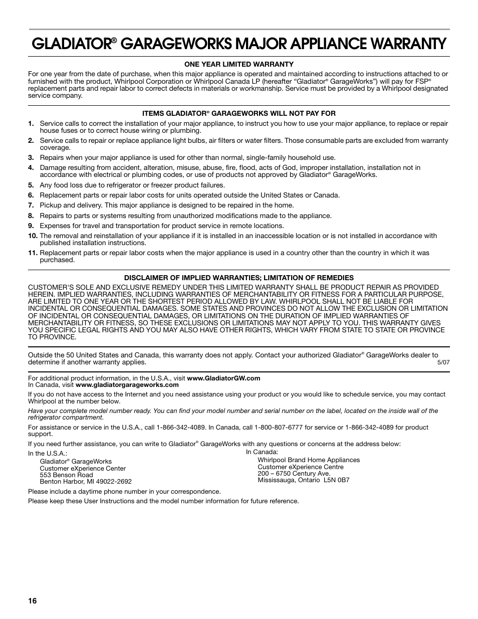 Gladiator, Garageworks major appliance warranty | Gladiator GARF19XXYK Gladiator Chillerator Garage Refrigerator Use and Care User Manual | Page 16 / 50
