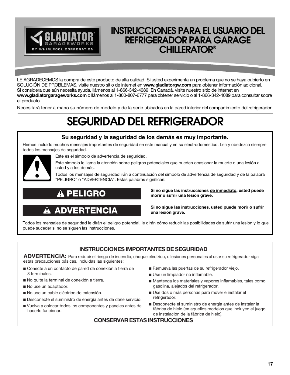 Seguridad del refrigerador, Advertencia peligro | Gladiator GARF19XXYK Gladiator Chillerator Garage Refrigerator Use and Care User Manual | Page 17 / 50