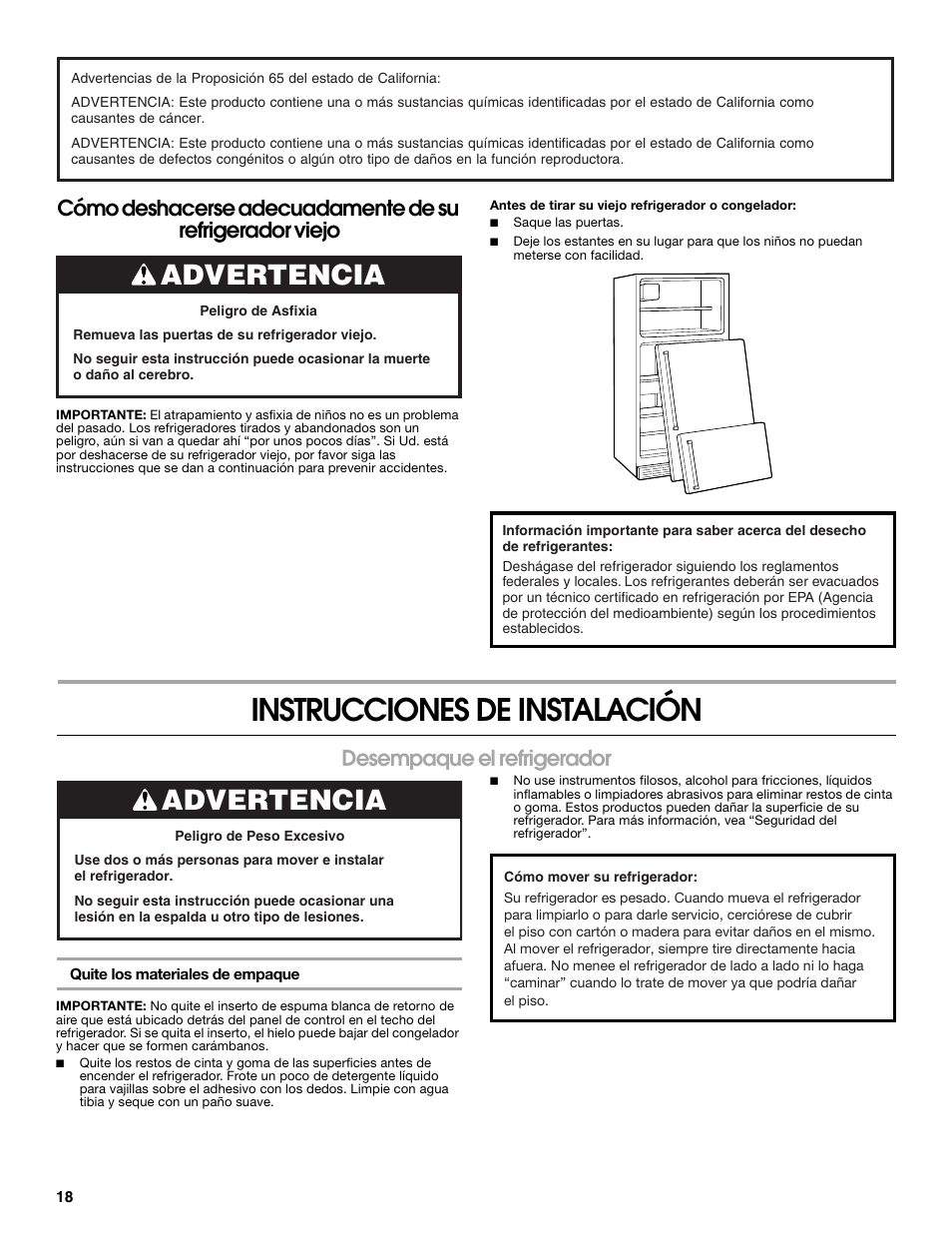 Instrucciones de instalación, Advertencia, Desempaque el refrigerador | Gladiator GARF19XXYK Gladiator Chillerator Garage Refrigerator Use and Care User Manual | Page 18 / 50