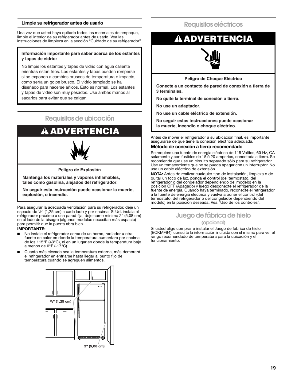 Advertencia, Requisitos de ubicación, Requisitos eléctricos | Juego de fábrica de hielo | Gladiator GARF19XXYK Gladiator Chillerator Garage Refrigerator Use and Care User Manual | Page 19 / 50