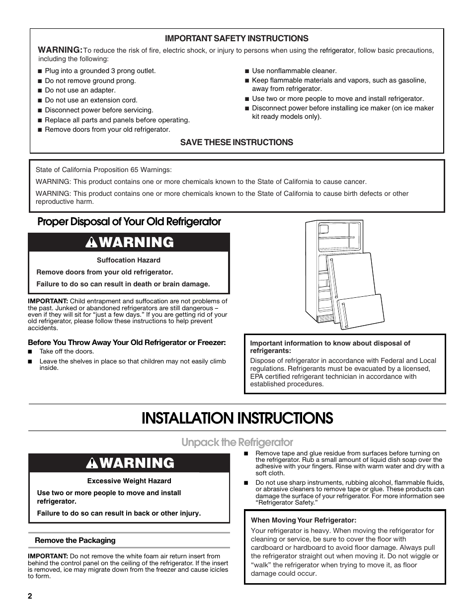 Installation instructions, Warning, Unpack the refrigerator | Proper disposal of your old refrigerator | Gladiator GARF19XXYK Gladiator Chillerator Garage Refrigerator Use and Care User Manual | Page 2 / 50