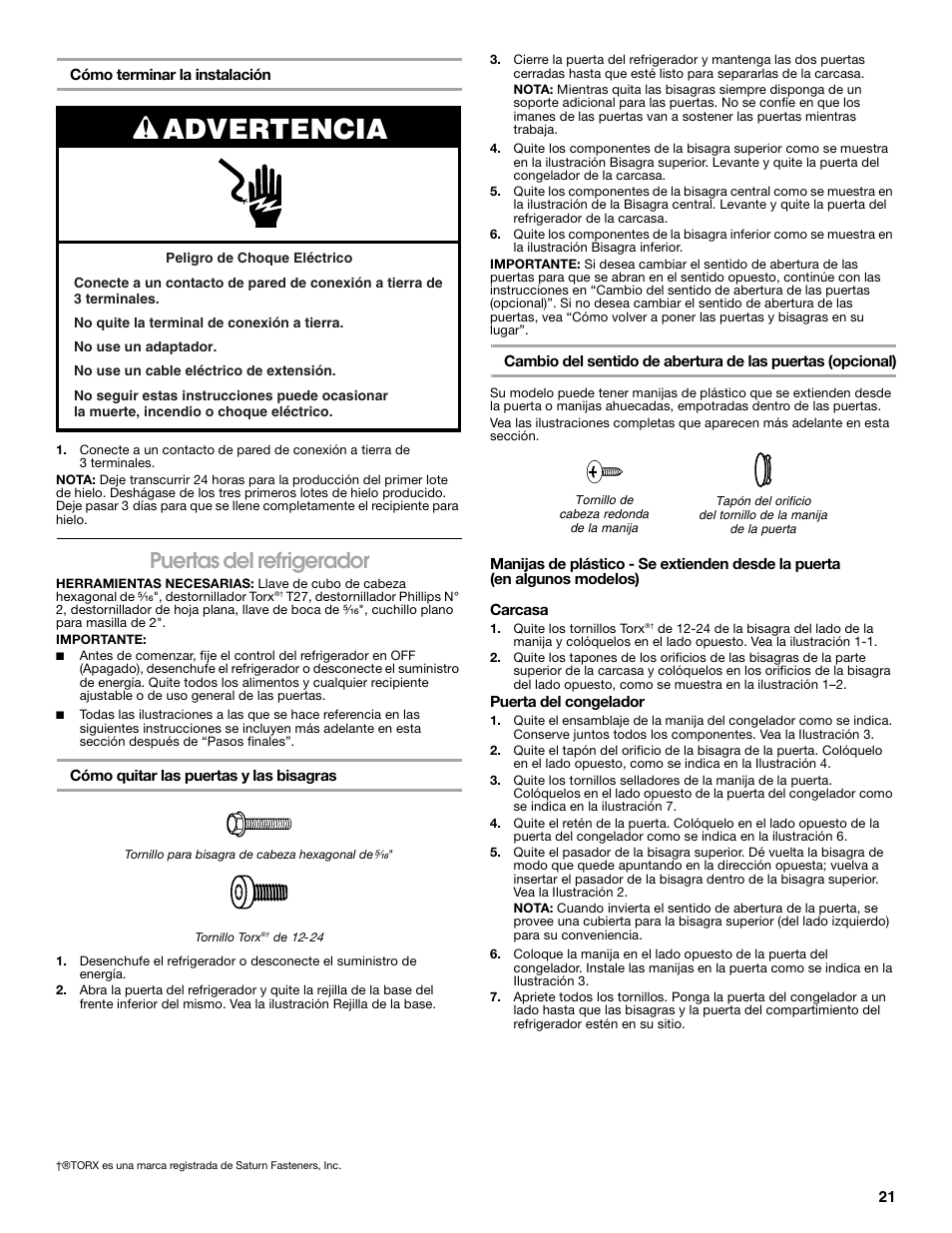 Advertencia, Puertas del refrigerador | Gladiator GARF19XXYK Gladiator Chillerator Garage Refrigerator Use and Care User Manual | Page 21 / 50
