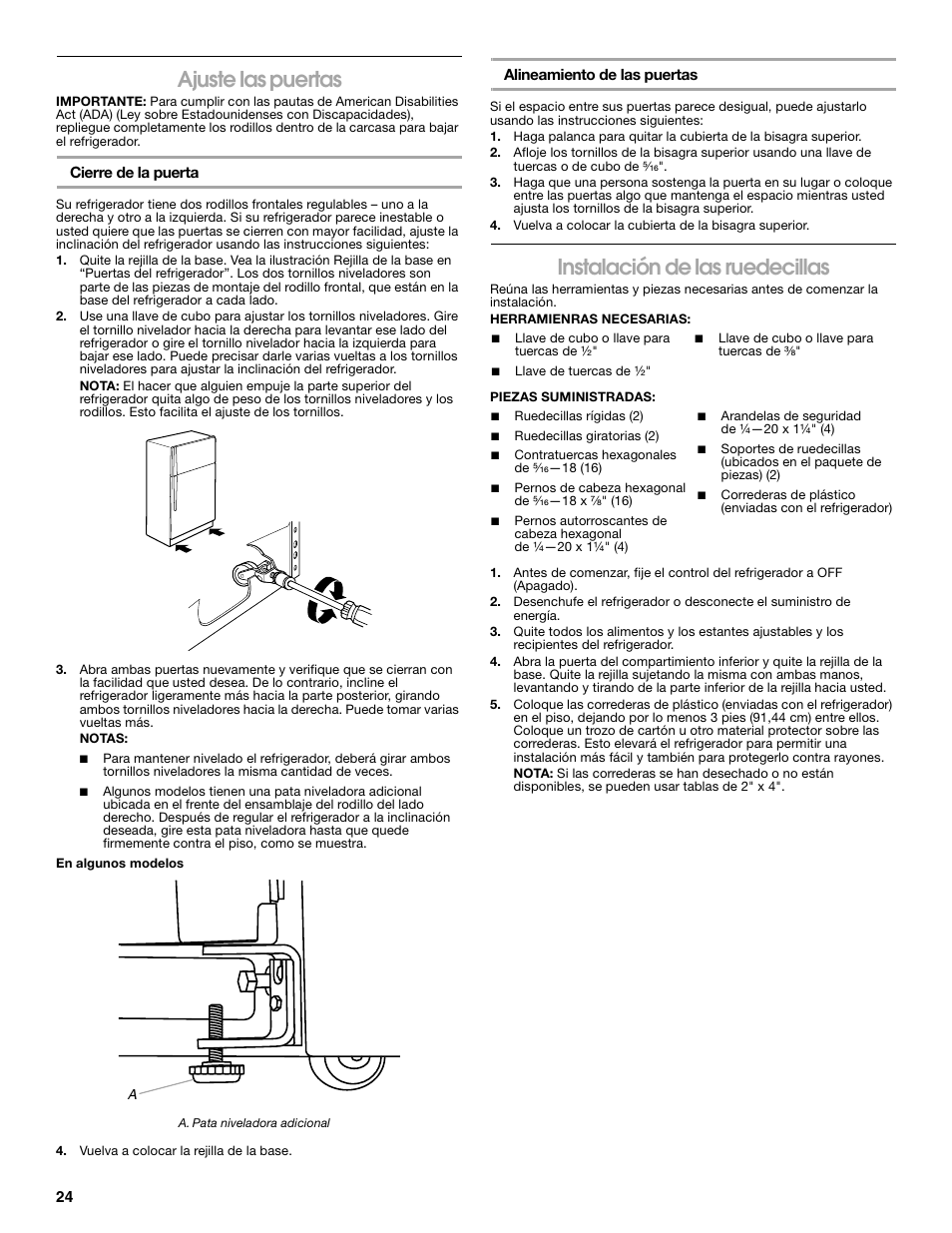 Ajuste las puertas, Instalación de las ruedecillas | Gladiator GARF19XXYK Gladiator Chillerator Garage Refrigerator Use and Care User Manual | Page 24 / 50