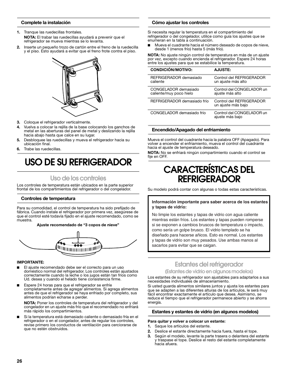 Uso de su refrigerador, Características del refrigerador, Uso de los controles | Estantes del refrigerador | Gladiator GARF19XXYK Gladiator Chillerator Garage Refrigerator Use and Care User Manual | Page 26 / 50