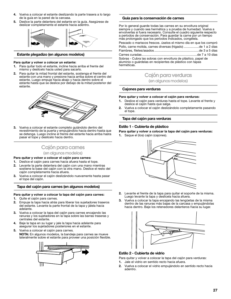 Cajón para carnes, Cajón para verduras | Gladiator GARF19XXYK Gladiator Chillerator Garage Refrigerator Use and Care User Manual | Page 27 / 50
