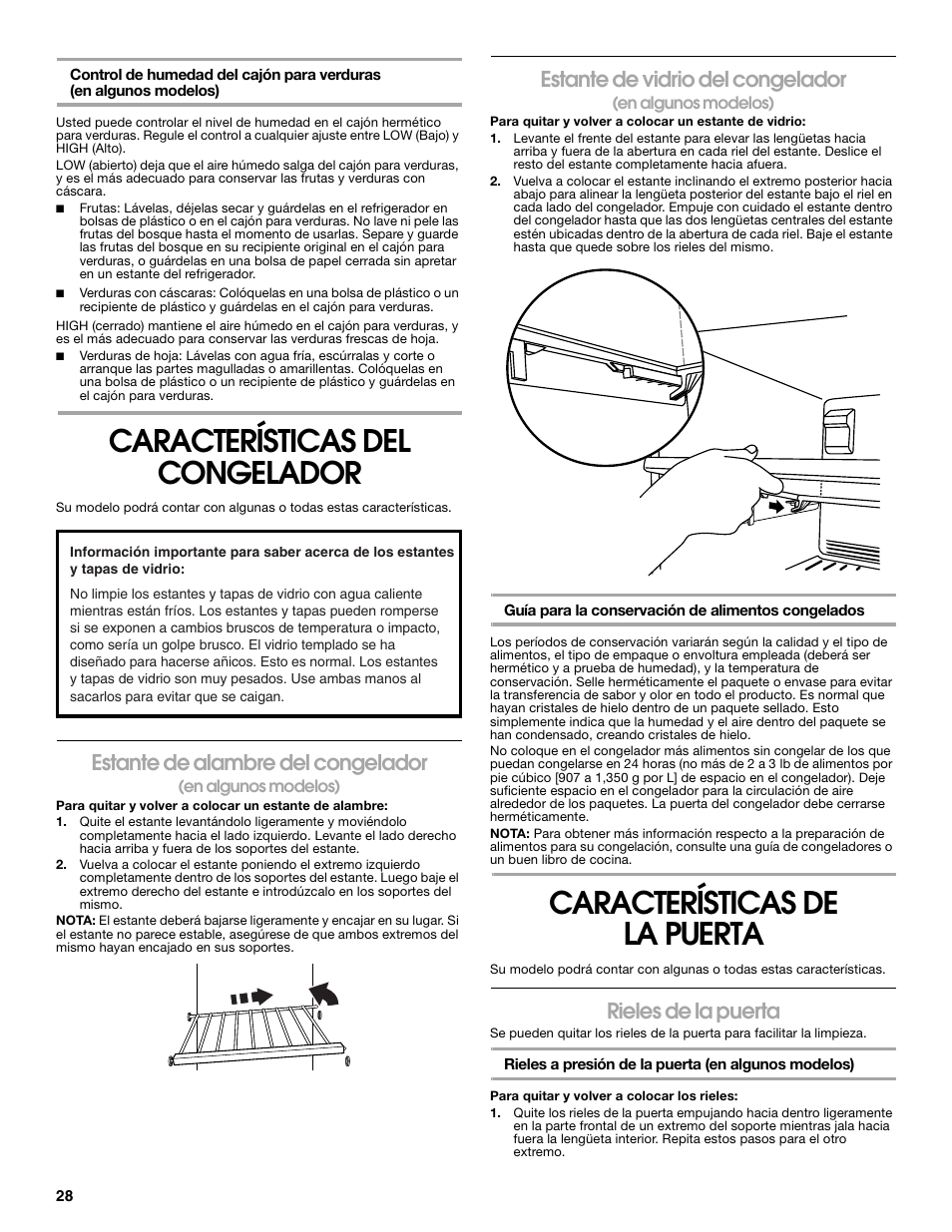 Características del congelador, Características de la puerta, Estante de alambre del congelador | Estante de vidrio del congelador, Rieles de la puerta | Gladiator GARF19XXYK Gladiator Chillerator Garage Refrigerator Use and Care User Manual | Page 28 / 50