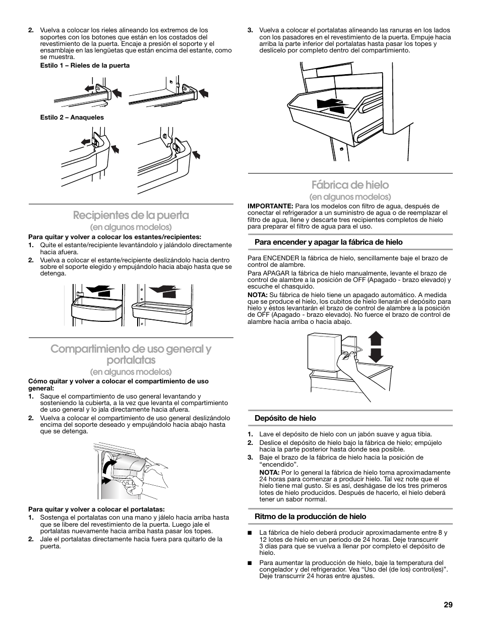 Recipientes de la puerta, Compartimiento de uso general y portalatas, Fábrica de hielo | Gladiator GARF19XXYK Gladiator Chillerator Garage Refrigerator Use and Care User Manual | Page 29 / 50