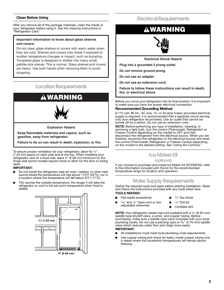 Warning, Location requirements, Electrical requirements | Ice maker kit, Water supply requirements | Gladiator GARF19XXYK Gladiator Chillerator Garage Refrigerator Use and Care User Manual | Page 3 / 50