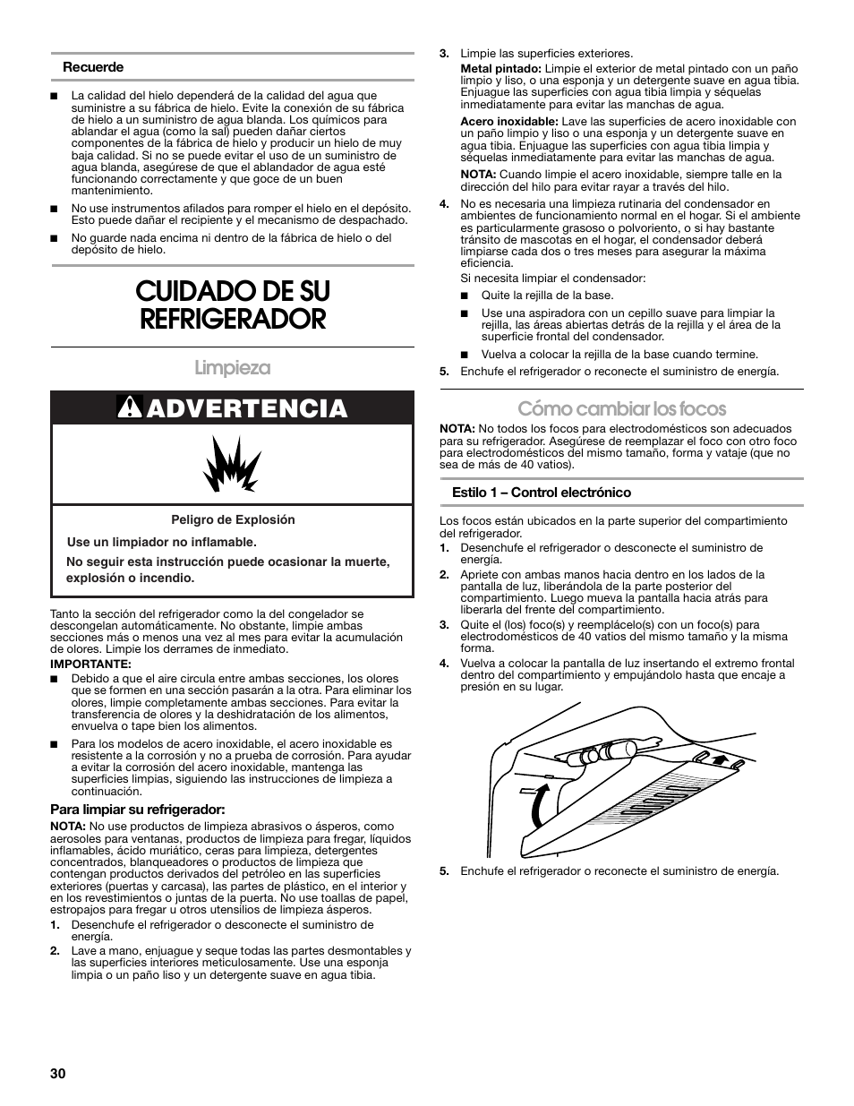 Cuidado de su refrigerador, Advertencia, Limpieza | Cómo cambiar los focos | Gladiator GARF19XXYK Gladiator Chillerator Garage Refrigerator Use and Care User Manual | Page 30 / 50