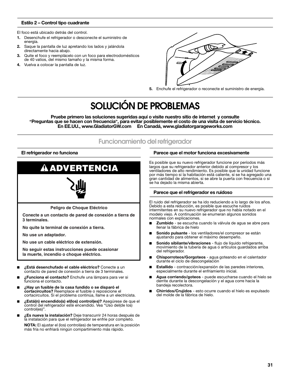 Solución de problemas, Advertencia, Funcionamiento del refrigerador | Gladiator GARF19XXYK Gladiator Chillerator Garage Refrigerator Use and Care User Manual | Page 31 / 50