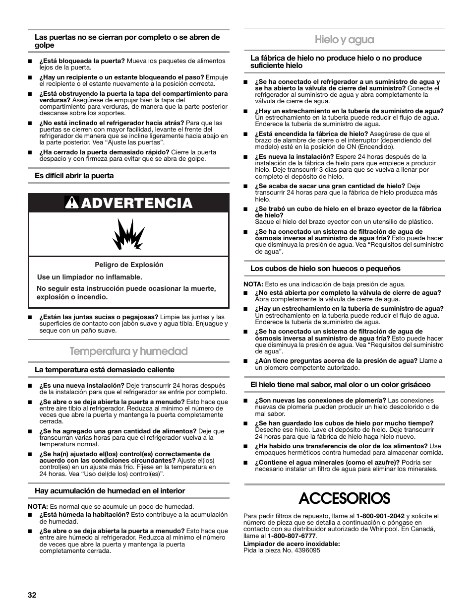 Accesorios, Advertencia, Temperatura y humedad | Hielo y agua | Gladiator GARF19XXYK Gladiator Chillerator Garage Refrigerator Use and Care User Manual | Page 32 / 50