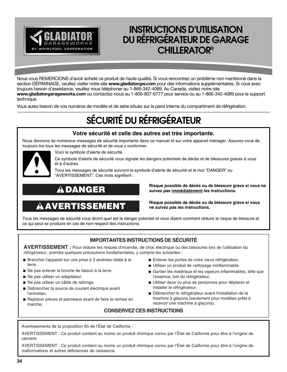 Avertissement danger | Gladiator GARF19XXYK Gladiator Chillerator Garage Refrigerator Use and Care User Manual | Page 34 / 50