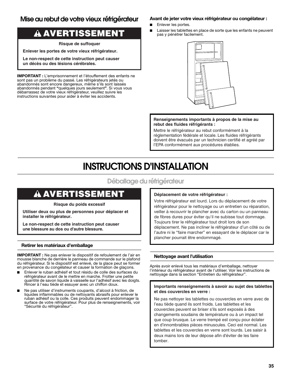 Instructions d'installation, Avertissement, Mise au rebut de votre vieux réfrigérateur | Déballage du réfrigérateur | Gladiator GARF19XXYK Gladiator Chillerator Garage Refrigerator Use and Care User Manual | Page 35 / 50