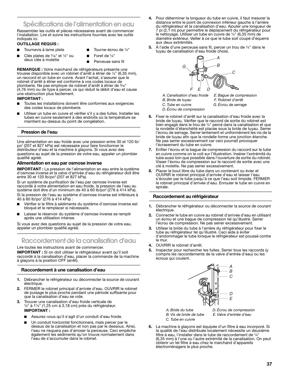 Spécifications de l’alimentation en eau, Raccordement de la canalisation d'eau | Gladiator GARF19XXYK Gladiator Chillerator Garage Refrigerator Use and Care User Manual | Page 37 / 50