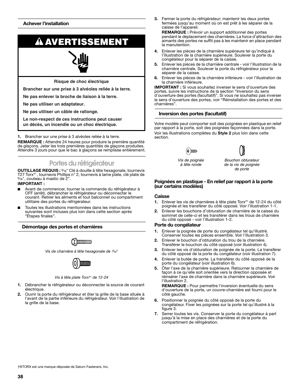 Avertissement, Portes du réfrigérateur | Gladiator GARF19XXYK Gladiator Chillerator Garage Refrigerator Use and Care User Manual | Page 38 / 50
