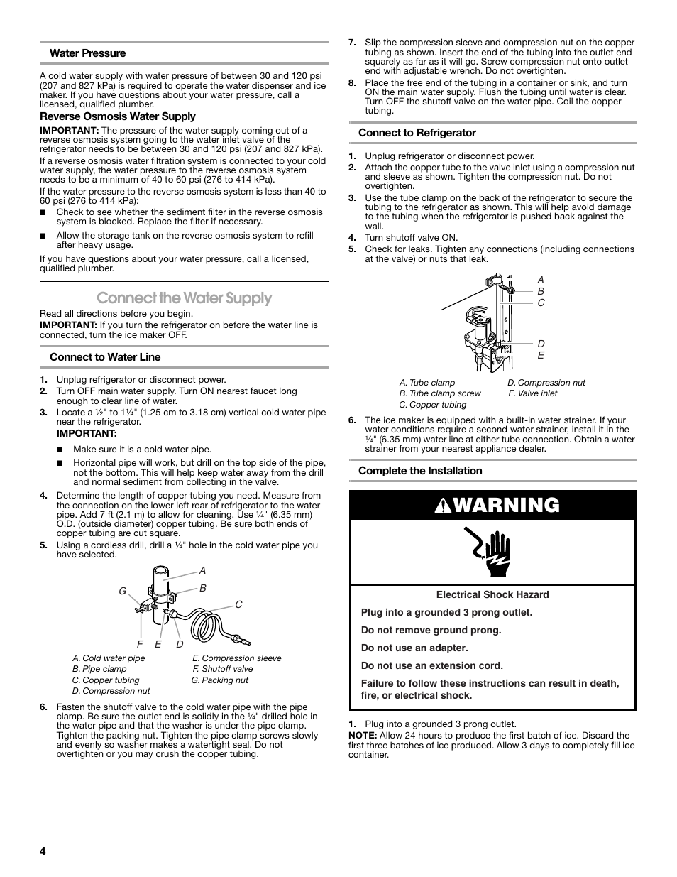 Warning, Connect the water supply | Gladiator GARF19XXYK Gladiator Chillerator Garage Refrigerator Use and Care User Manual | Page 4 / 50