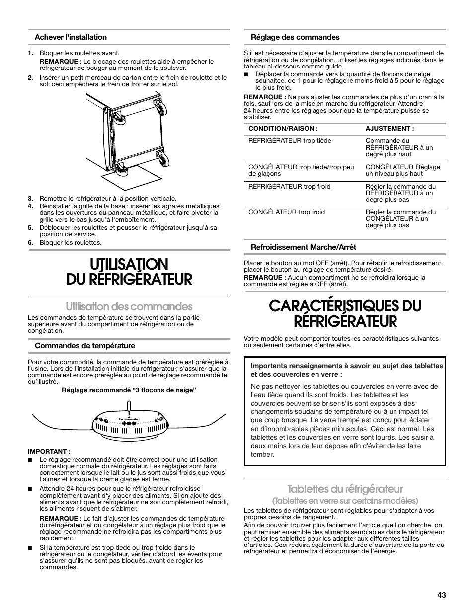 Utilisation du réfrigérateur, Caractéristiques du réfrigérateur, Utilisation des commandes | Tablettes du réfrigérateur | Gladiator GARF19XXYK Gladiator Chillerator Garage Refrigerator Use and Care User Manual | Page 43 / 50