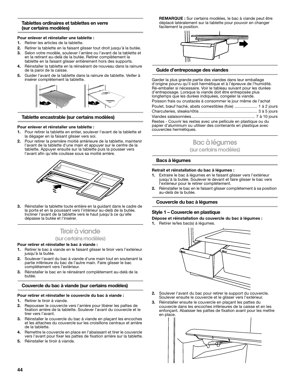 Tiroir à viande, Bac à légumes | Gladiator GARF19XXYK Gladiator Chillerator Garage Refrigerator Use and Care User Manual | Page 44 / 50
