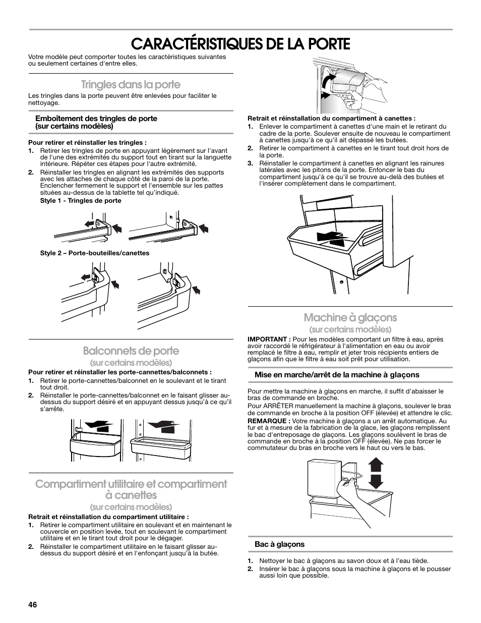 Caractéristiques de la porte, Tringles dans la porte, Balconnets de porte | Compartiment utilitaire et compartiment à canettes, Machine à glaçons | Gladiator GARF19XXYK Gladiator Chillerator Garage Refrigerator Use and Care User Manual | Page 46 / 50
