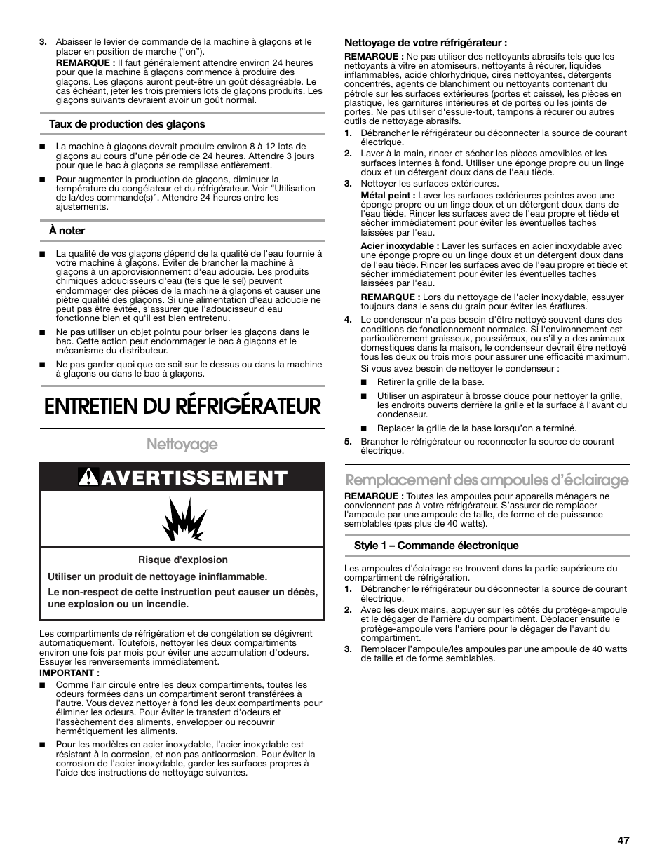 Entretien du réfrigérateur, Avertissement, Nettoyage | Remplacement des ampoules d’éclairage | Gladiator GARF19XXYK Gladiator Chillerator Garage Refrigerator Use and Care User Manual | Page 47 / 50