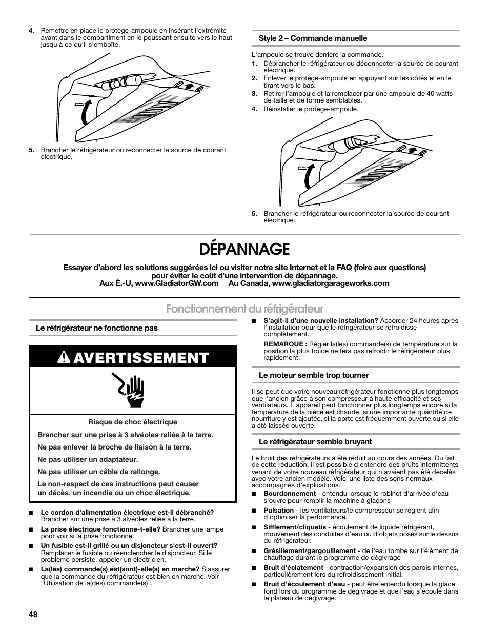 Dépannage, Avertissement, Fonctionnement du réfrigérateur | Gladiator GARF19XXYK Gladiator Chillerator Garage Refrigerator Use and Care User Manual | Page 48 / 50
