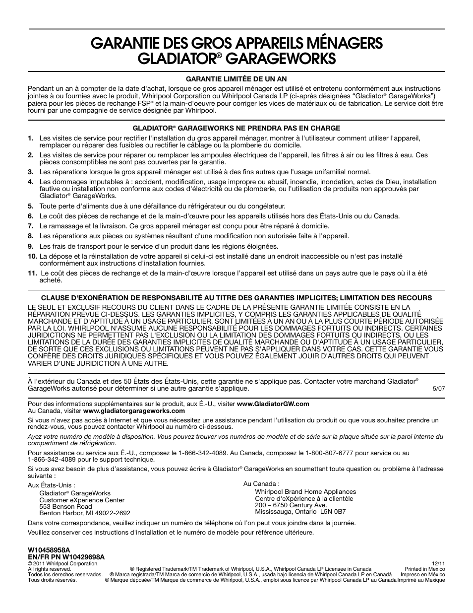 Garantie des gros appareils ménagers gladiator, Garageworks | Gladiator GARF19XXYK Gladiator Chillerator Garage Refrigerator Use and Care User Manual | Page 50 / 50