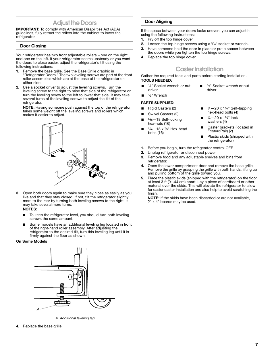 Adjust the doors, Caster installation | Gladiator GARF19XXYK Gladiator Chillerator Garage Refrigerator Use and Care User Manual | Page 7 / 50
