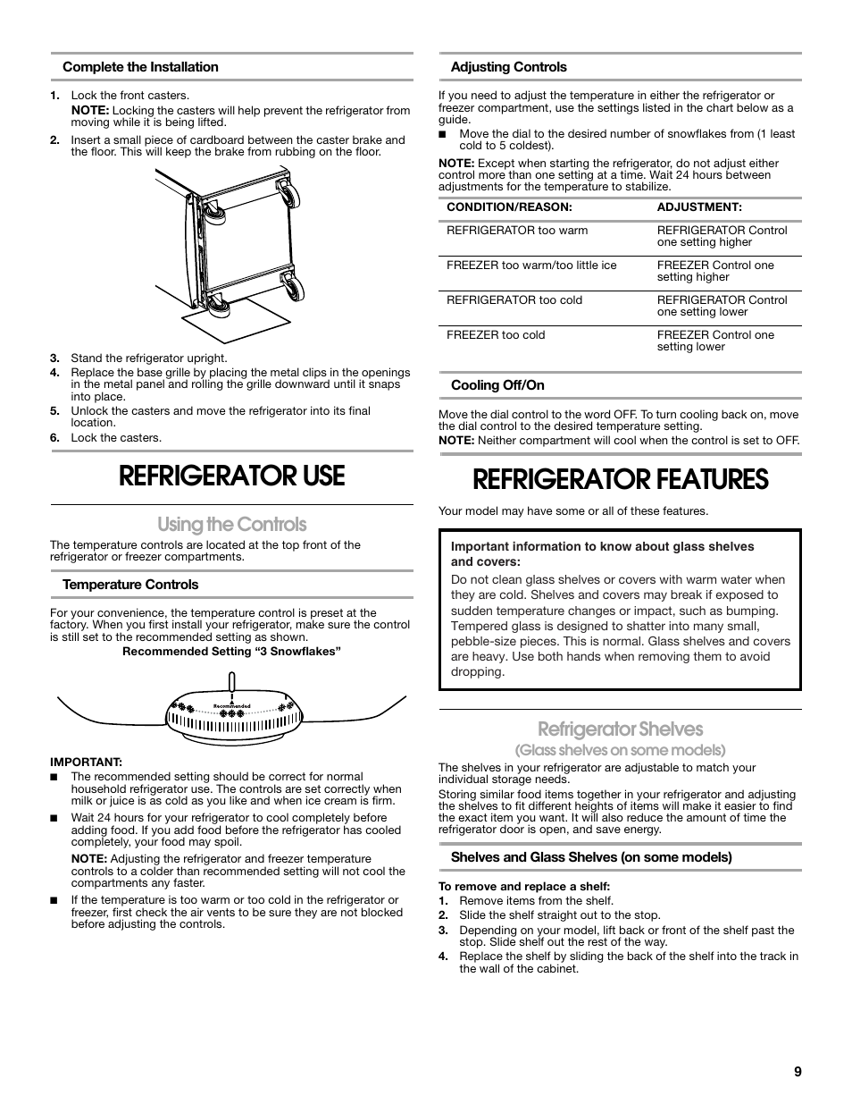 Refrigerator use, Refrigerator features, Using the controls | Refrigerator shelves | Gladiator GARF19XXYK Gladiator Chillerator Garage Refrigerator Use and Care User Manual | Page 9 / 50