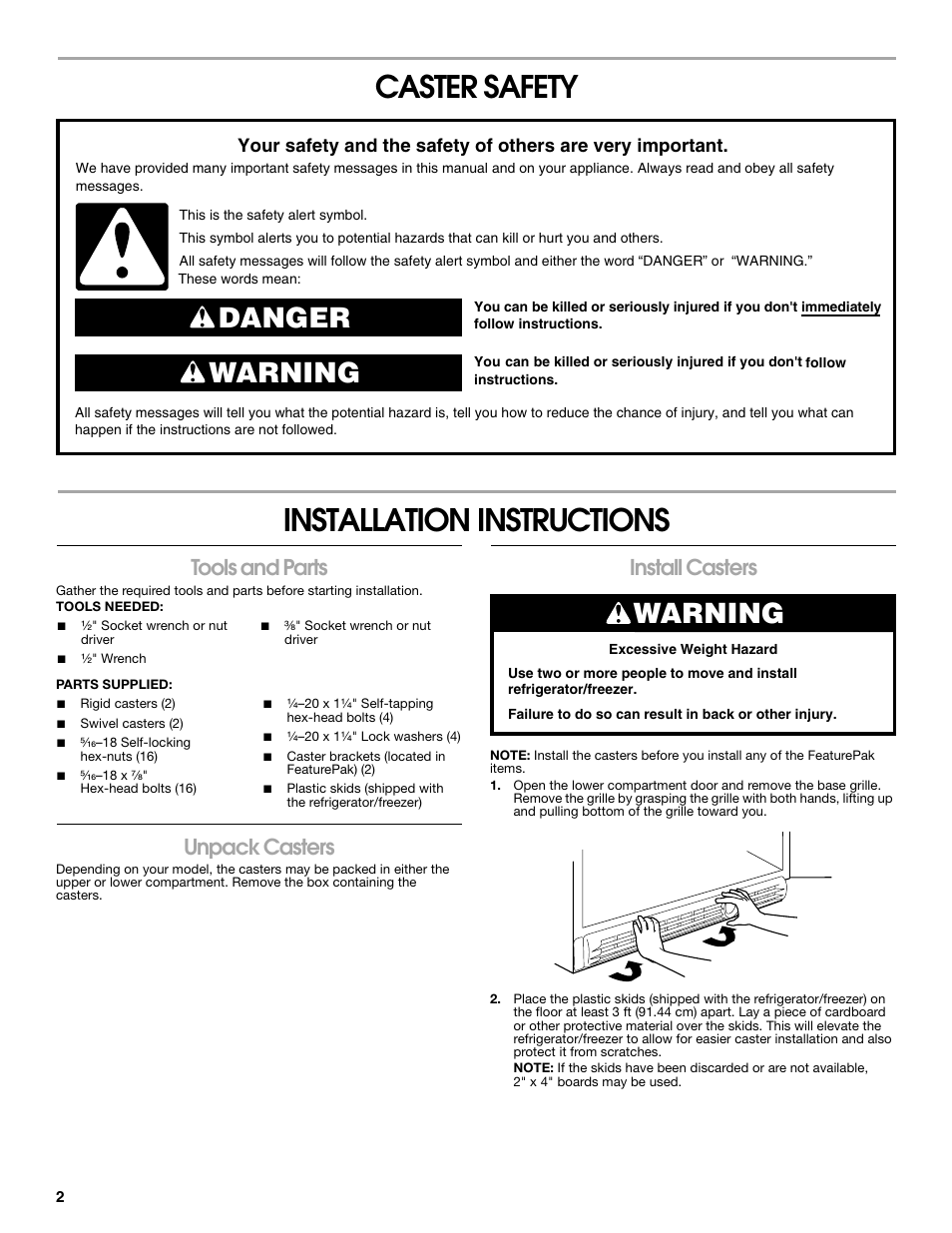 Caster safety installation instructions, Danger warning, Warning | Tools and parts, Unpack casters, Install casters | Gladiator GARF19XXYK Gladiator Chillerator Garage Refrigerator Installation Instruction User Manual | Page 2 / 12