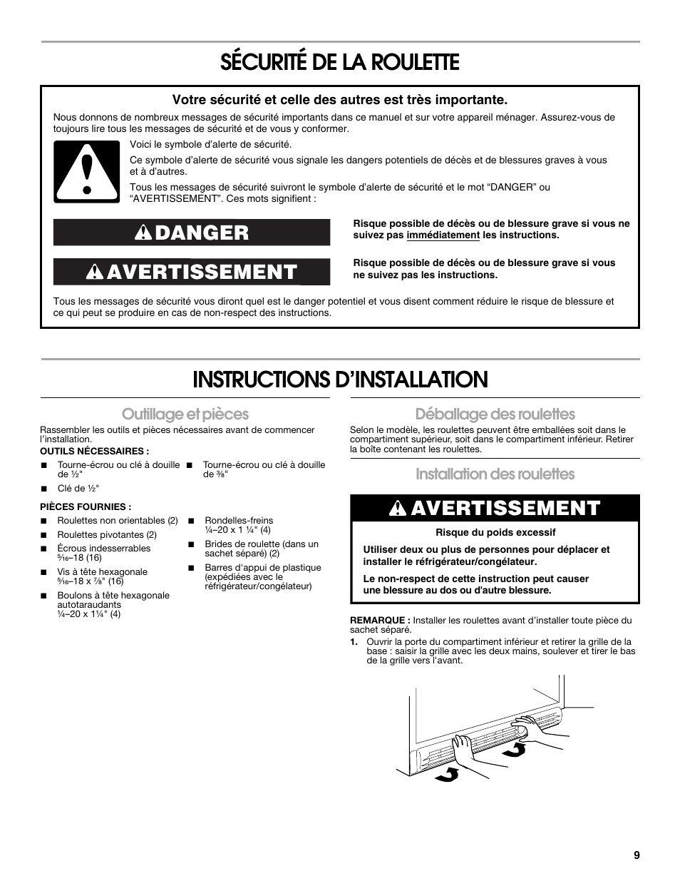 Avertissement danger, Avertissement, Outillage et pièces | Déballage des roulettes, Installation des roulettes | Gladiator GARF19XXYK Gladiator Chillerator Garage Refrigerator Installation Instruction User Manual | Page 9 / 12