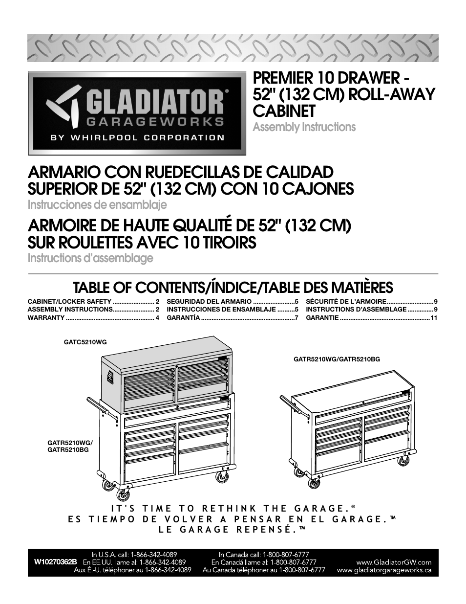 Gladiator GATR5210WG 10-Drawer 52 Base Tool Chest User Manual | 12 pages