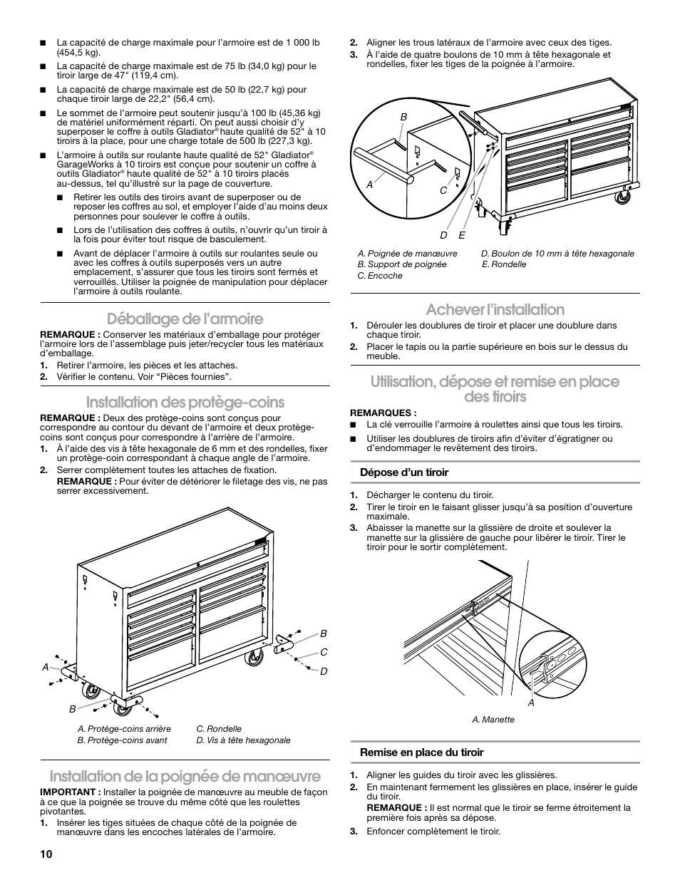 Déballage de l’armoire, Installation des protège-coins, Installation de la poignée de manœuvre | Achever l’installation, Utilisation, dépose et remise en place des tiroirs | Gladiator GATR5210WG 10-Drawer 52 Base Tool Chest User Manual | Page 10 / 12