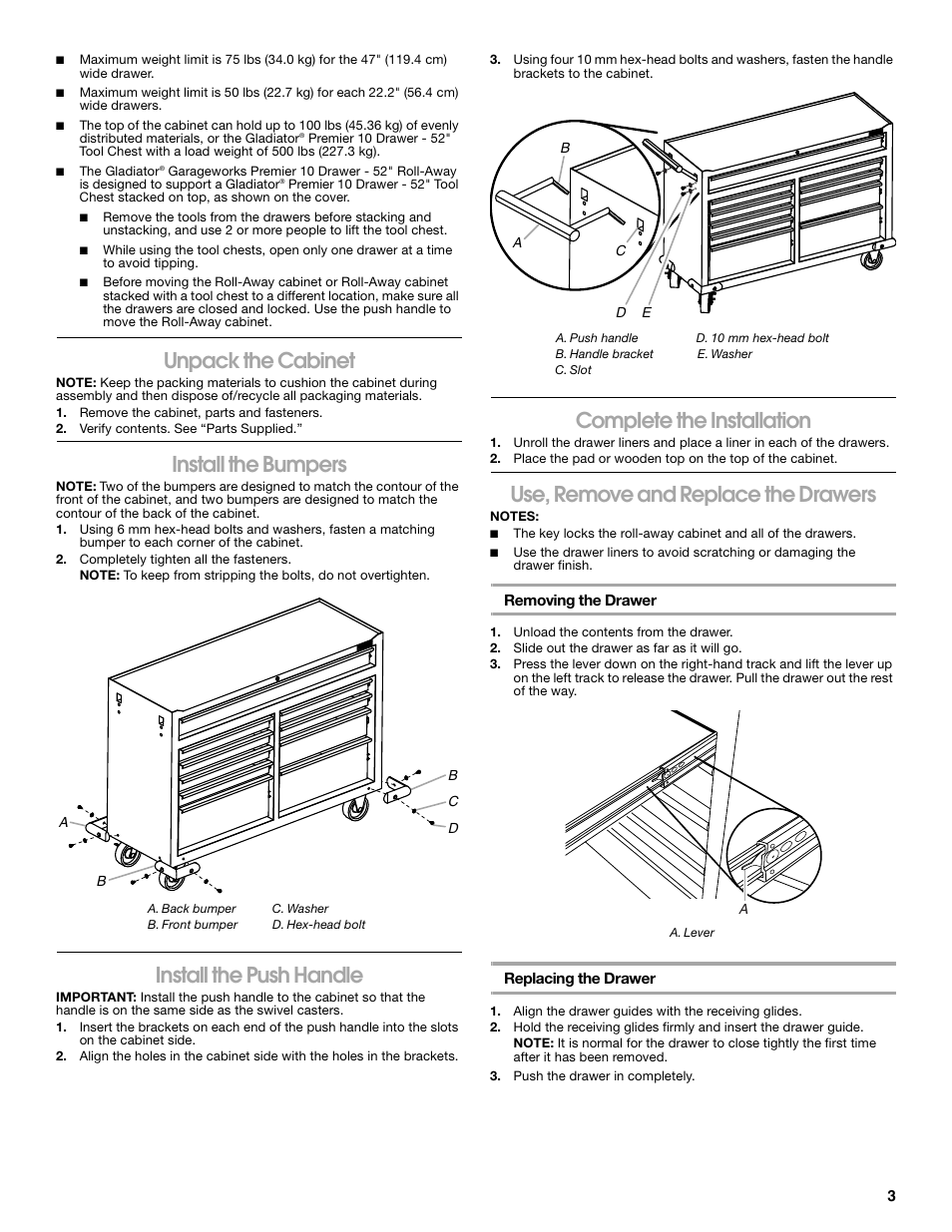 Unpack the cabinet, Install the bumpers, Install the push handle | Complete the installation, Use, remove and replace the drawers | Gladiator GATR5210WG 10-Drawer 52 Base Tool Chest User Manual | Page 3 / 12