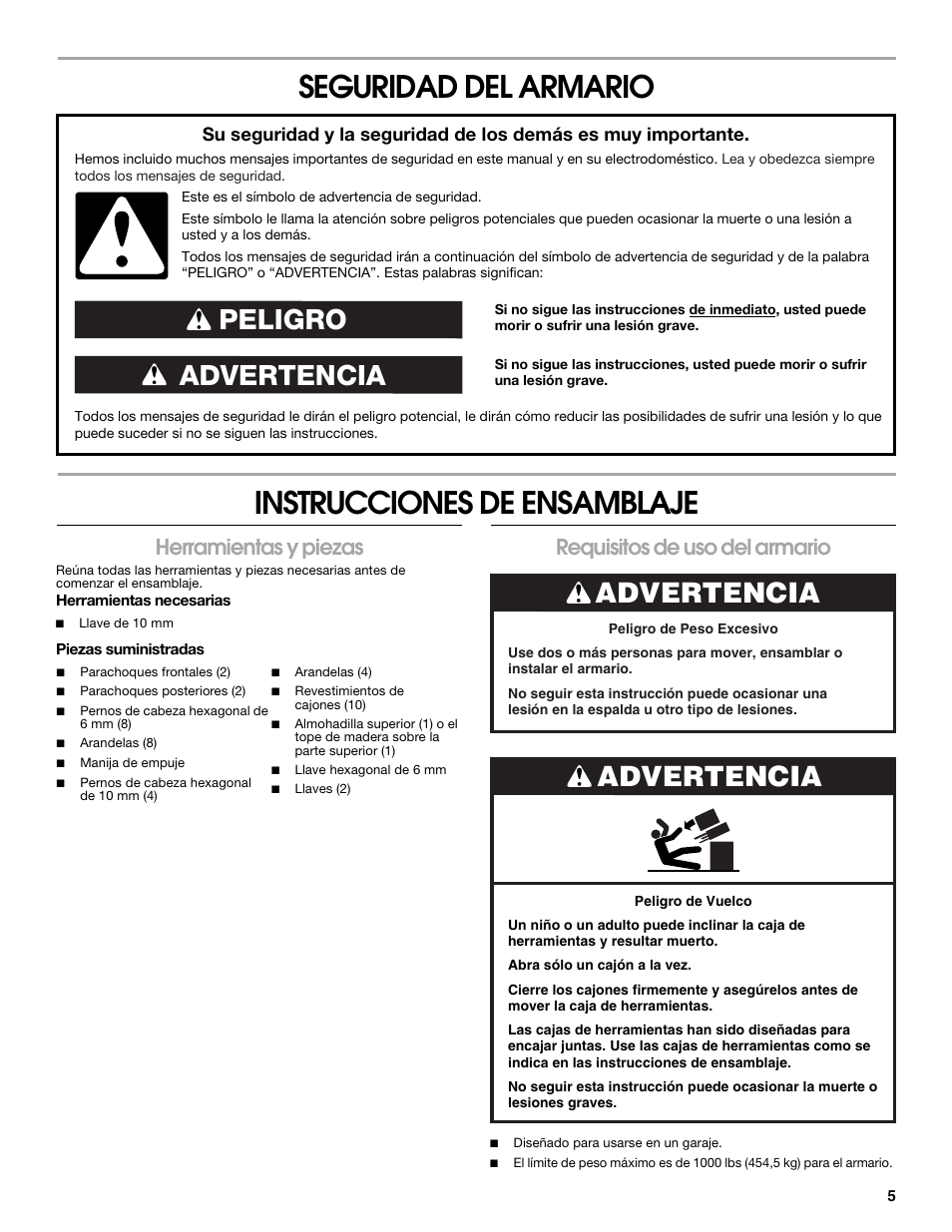 Seguridad del armario instrucciones de ensamblaje, Advertencia peligro, Advertencia | Herramientas y piezas, Requisitos de uso del armario | Gladiator GATR5210WG 10-Drawer 52 Base Tool Chest User Manual | Page 5 / 12