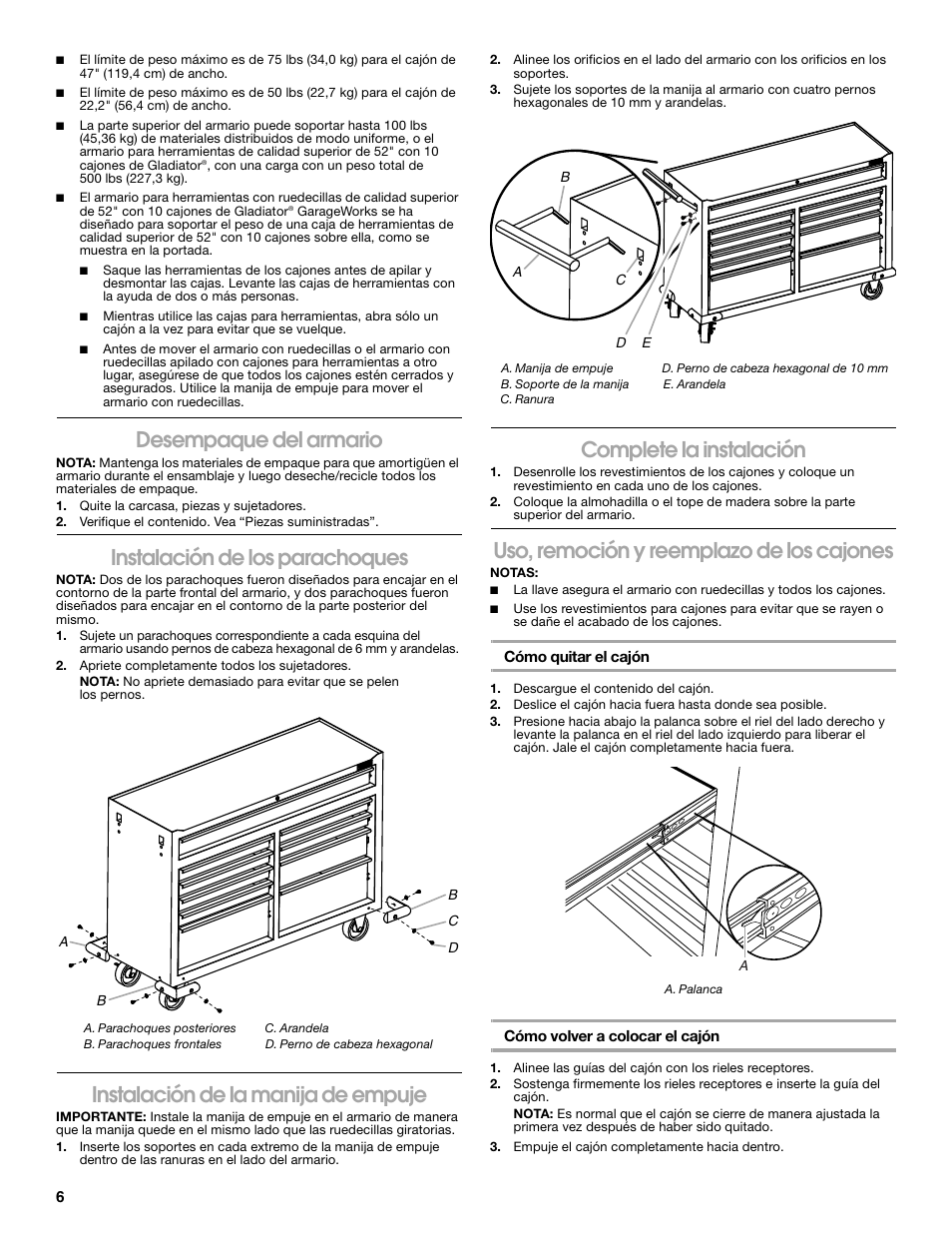 Desempaque del armario, Instalación de los parachoques, Instalación de la manija de empuje | Complete la instalación, Uso, remoción y reemplazo de los cajones | Gladiator GATR5210WG 10-Drawer 52 Base Tool Chest User Manual | Page 6 / 12