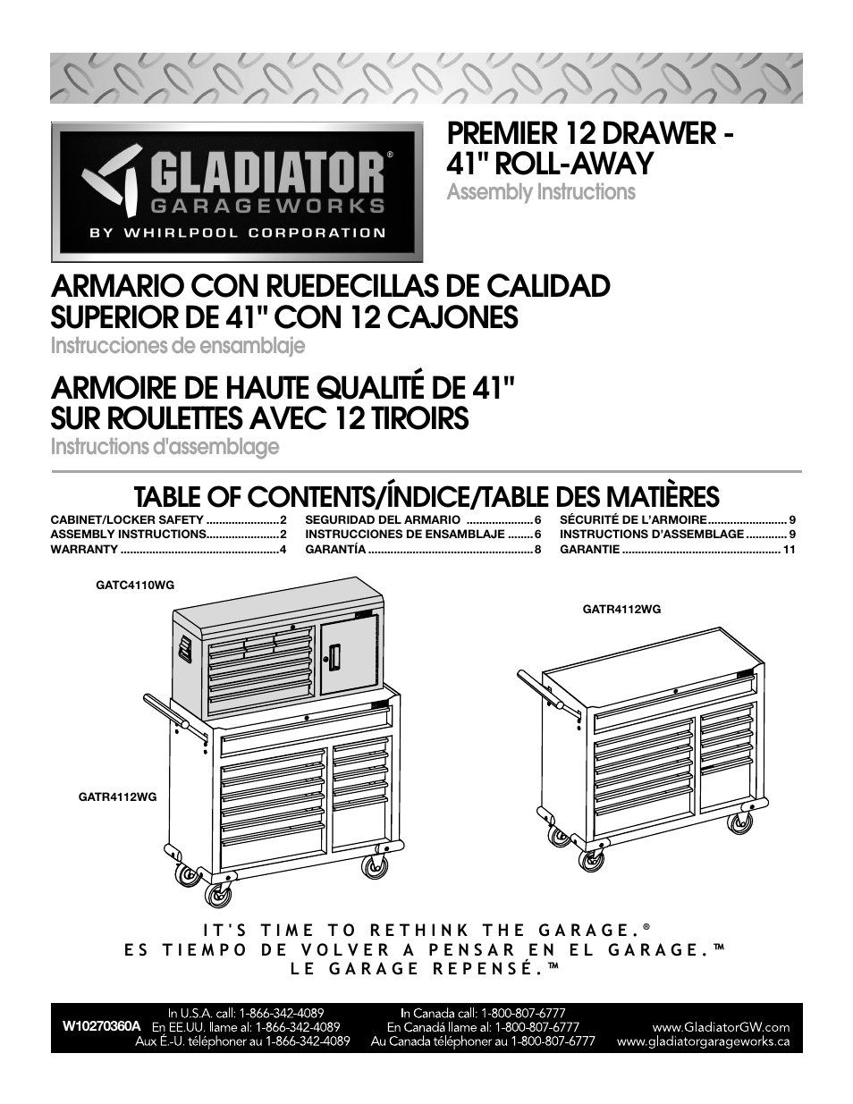 Gladiator GATR4112WG 12-Drawer 41 Base Tool Chest User Manual | 12 pages